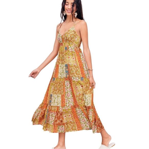 NWT Cider Woven V-Neck Halter Floral Patch Maxi Dress Sz 6 - Picture 3 of 9